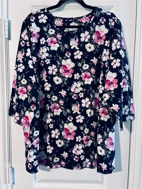 Navy Floral Blouse with Pink & White Flowers